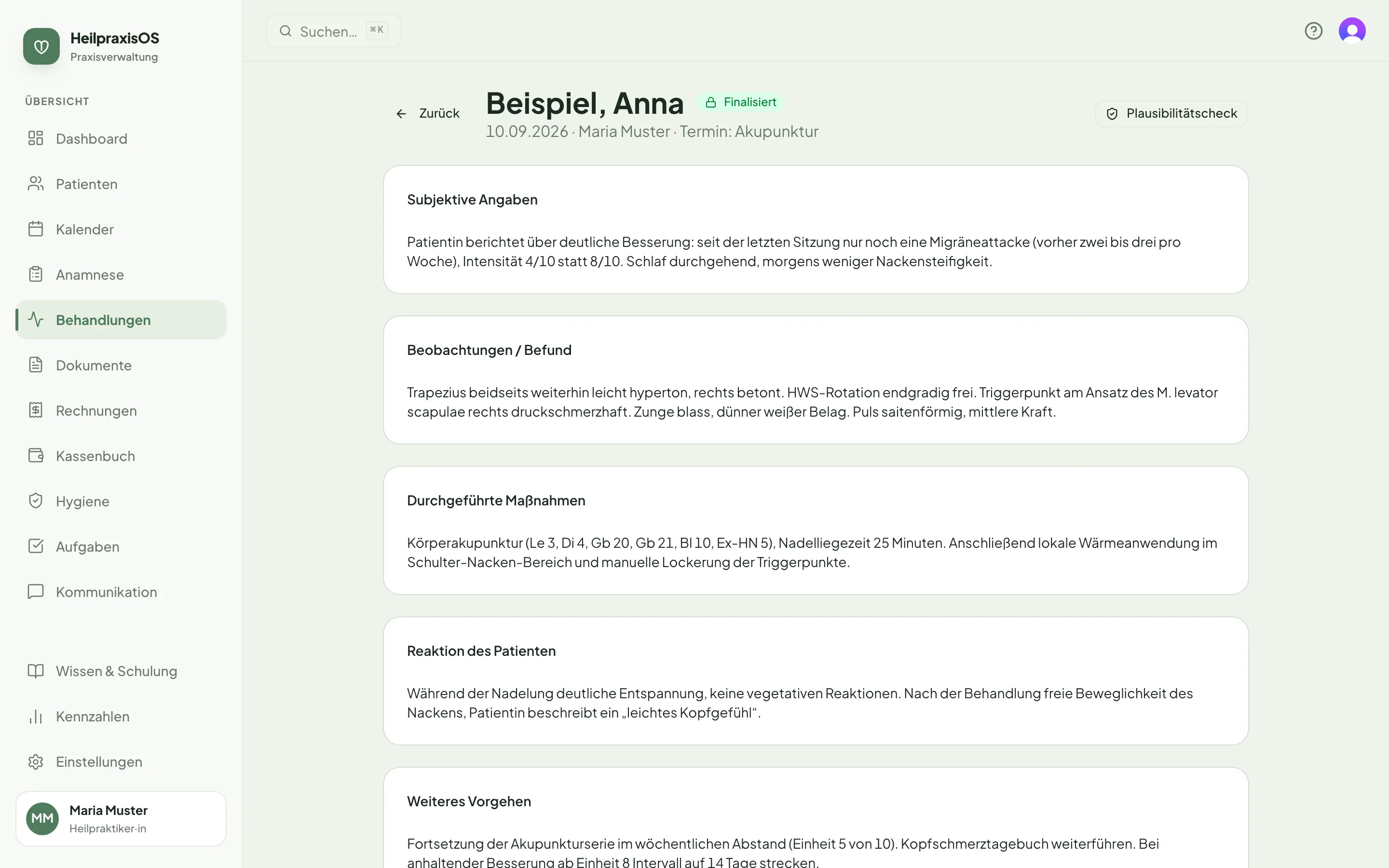 Bildschirmansicht: Behandlungsdokumentation
