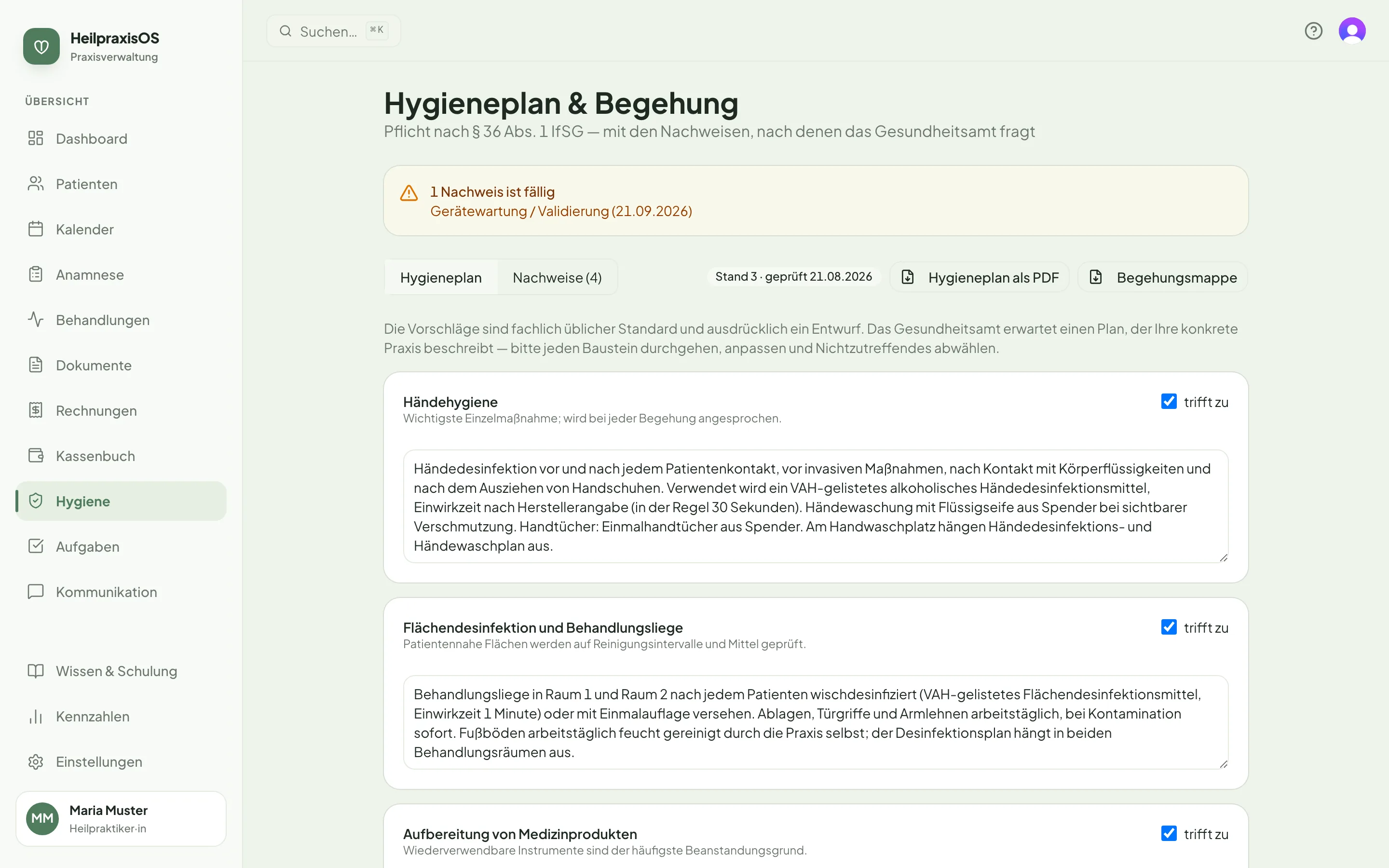 Bildschirmansicht: Hygieneplan und Begehungsmappe