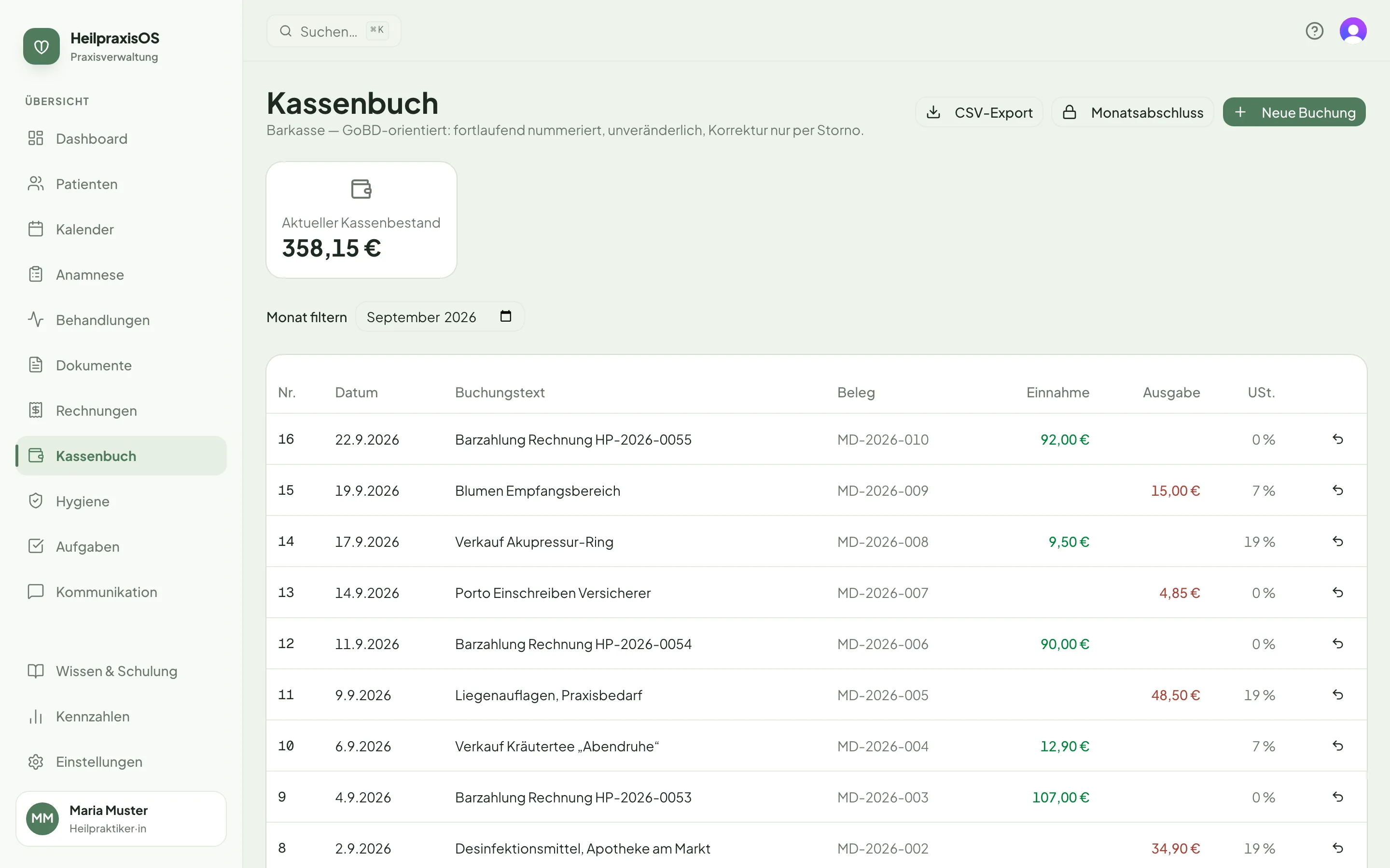 Bildschirmansicht: Kassenbuch nach GoBD