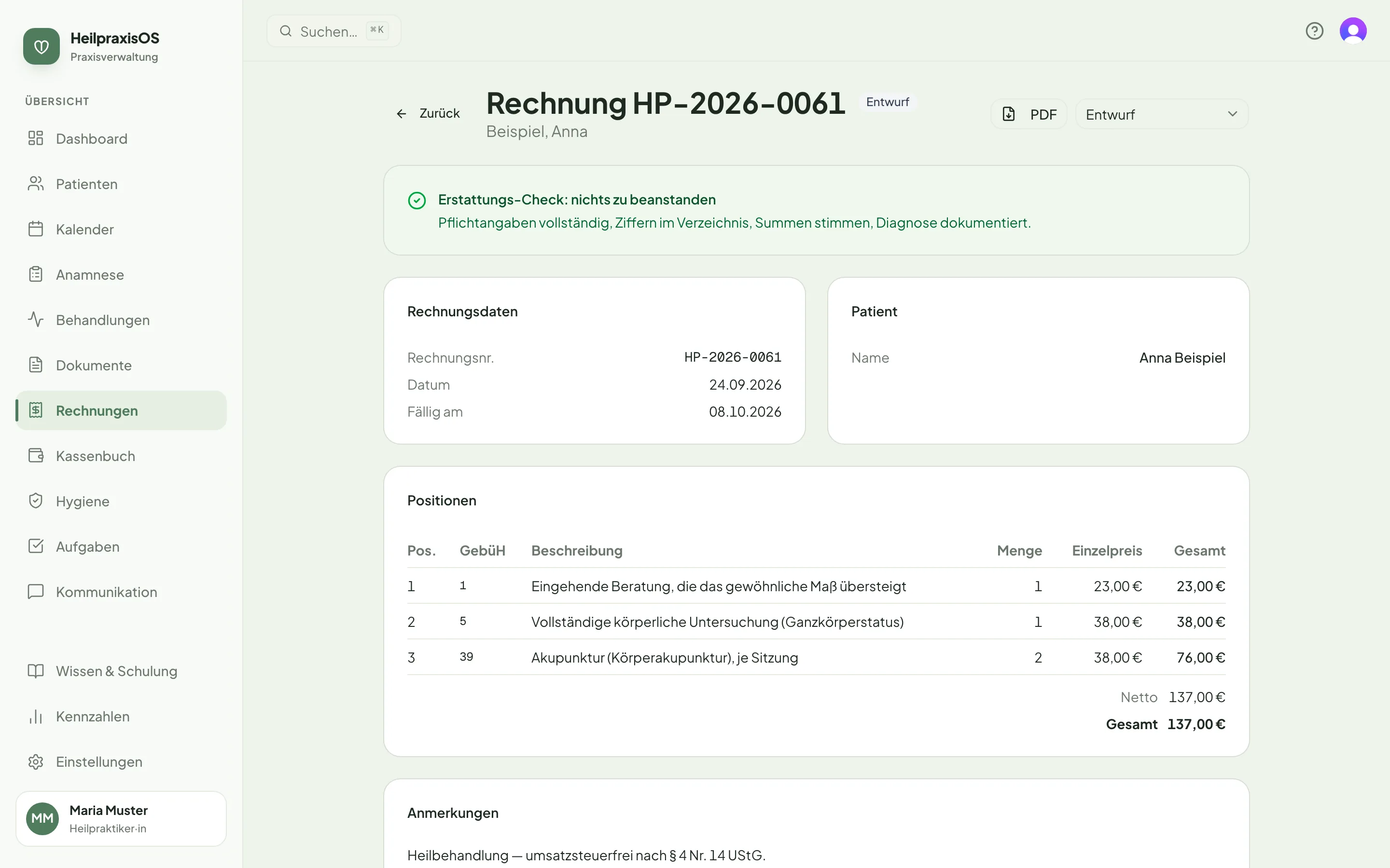 Bildschirmansicht: GebüH-Rechnung mit PDF