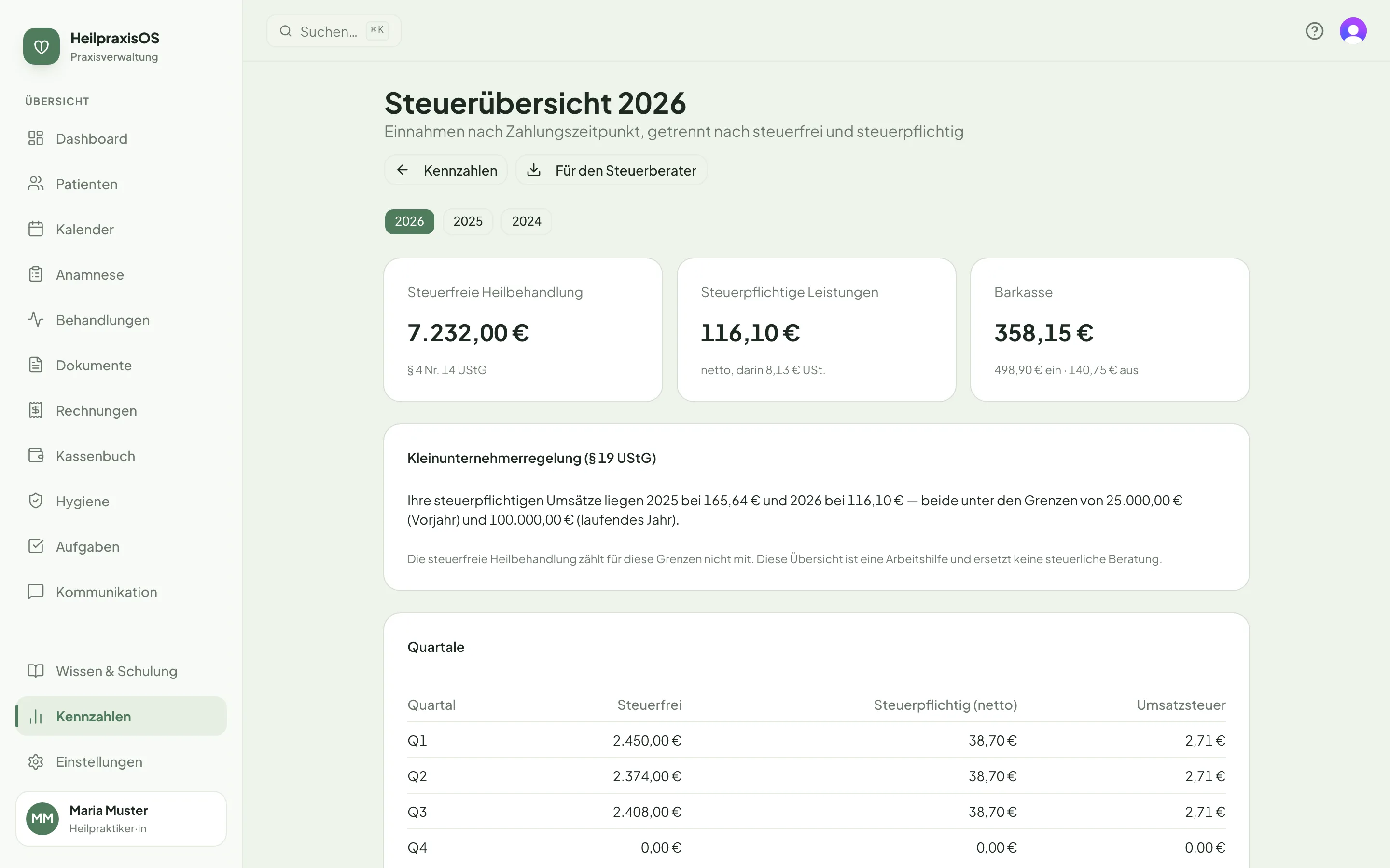 Bildschirmansicht: Steuerübersicht