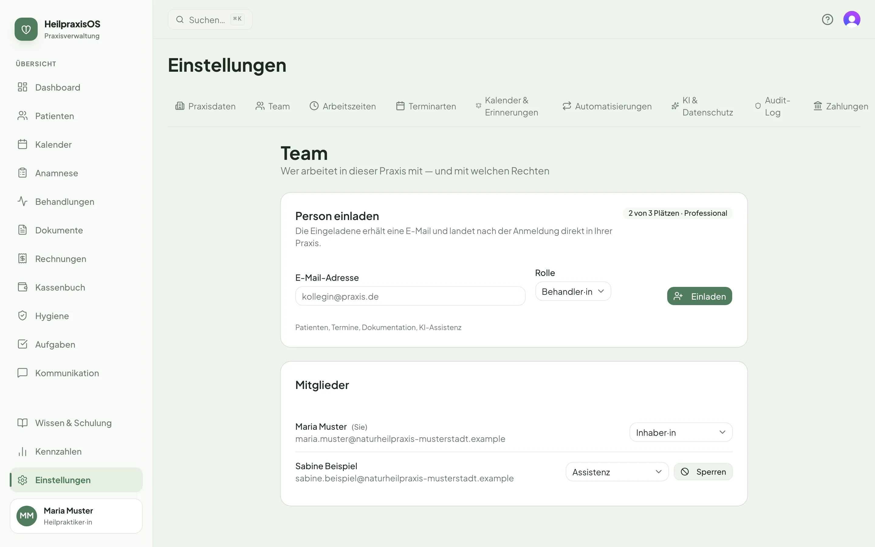 Bildschirmansicht: Teamverwaltung mit Rollen